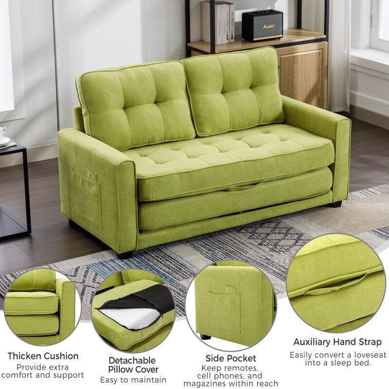 Modern Upholstered Pull-Out Sofa Bed, 59.4" Apartment Green Couch with Side Pocket, for Living Room Bedroom Office