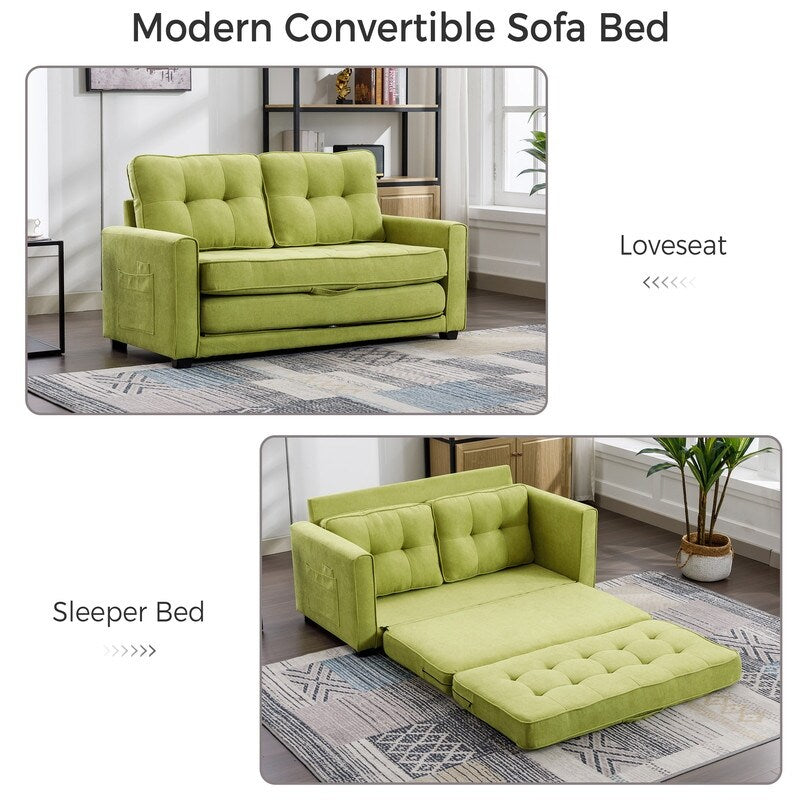 Modern Upholstered Pull-Out Sofa Bed, 59.4" Apartment Green Couch with Side Pocket, for Living Room Bedroom Office