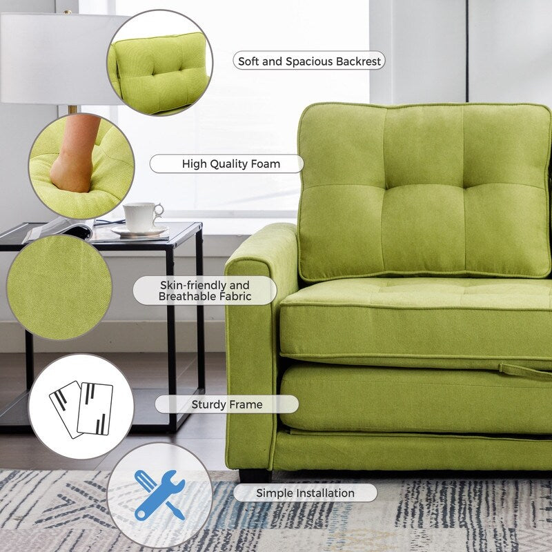 Modern Upholstered Pull-Out Sofa Bed, 59.4" Apartment Green Couch with Side Pocket, for Living Room Bedroom Office
