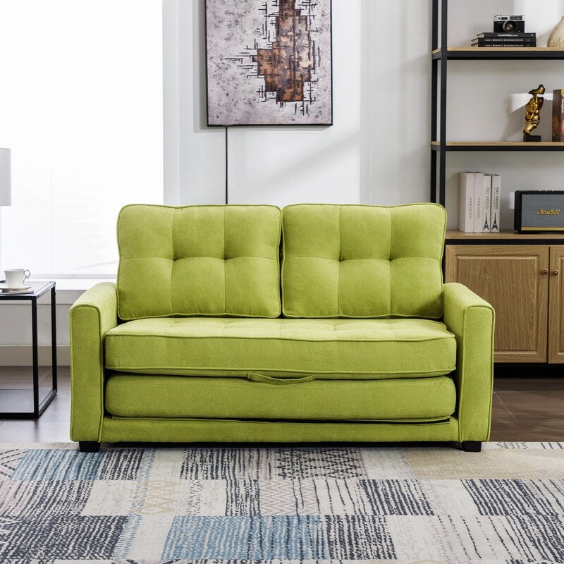 Modern Upholstered Pull-Out Sofa Bed, 59.4" Apartment Green Couch with Side Pocket, for Living Room Bedroom Office