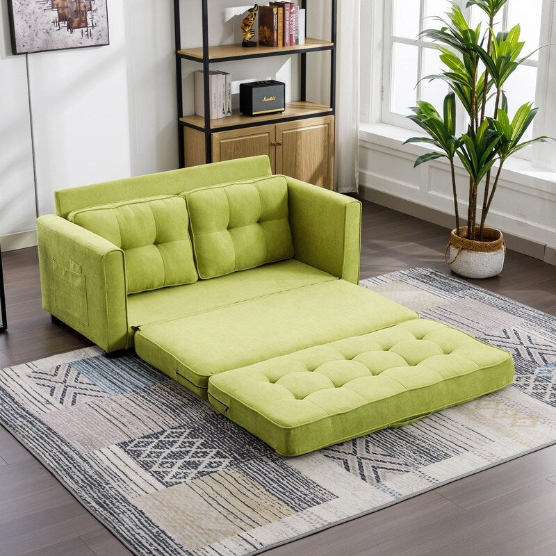 Modern Upholstered Pull-Out Sofa Bed, 59.4" Apartment Green Couch with Side Pocket, for Living Room Bedroom Office