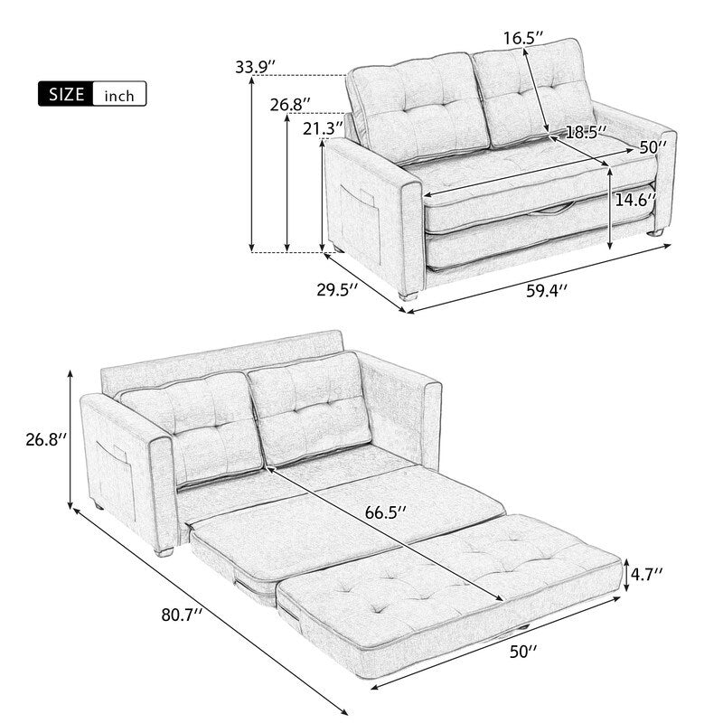 Modern Upholstered Pull-Out Sofa Bed, 59.4" Apartment Green Couch with Side Pocket, for Living Room Bedroom Office