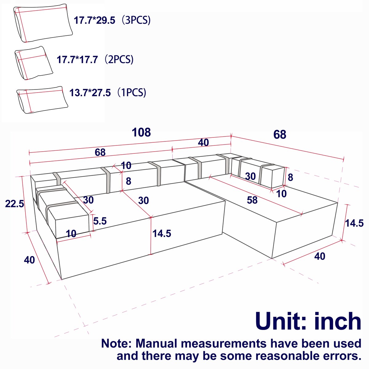 Modern Upholstered Sectional Sofa Couch Set,Modular 108" L Shaped Sectional With 6 Pillows,Free Combination Sofa Couch