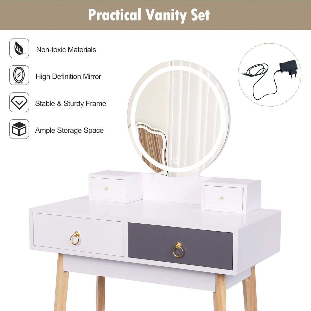 Modern Vanity with 4-Drawer Make-up Table Set with Mirror and Lights