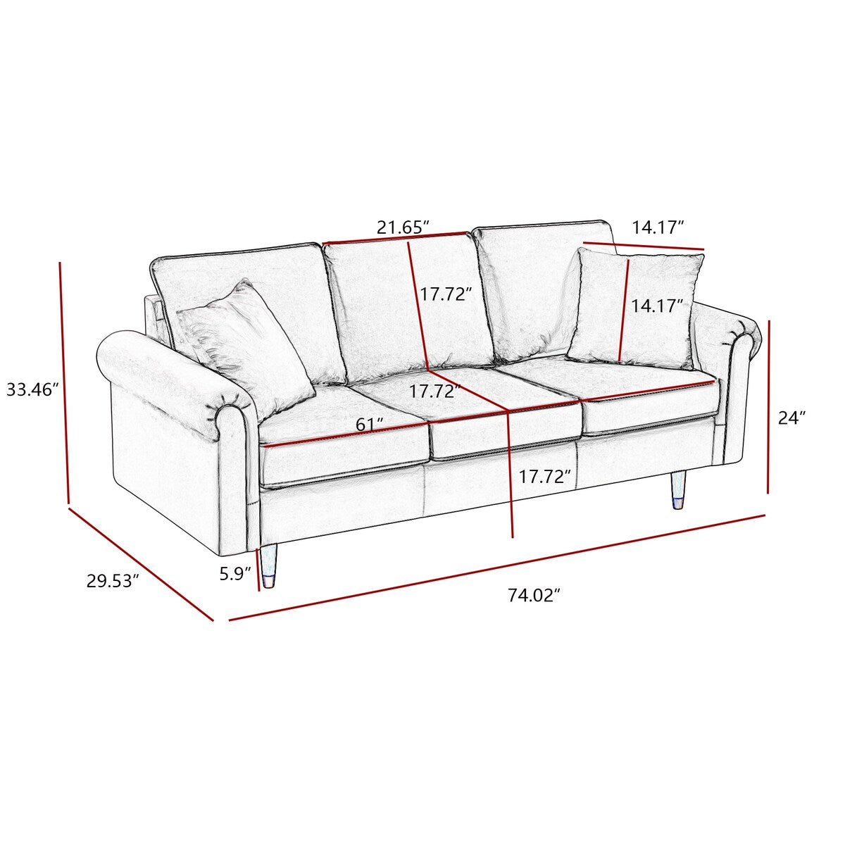 Modern Velvet 3-Seater Sofa Couch with Pillows