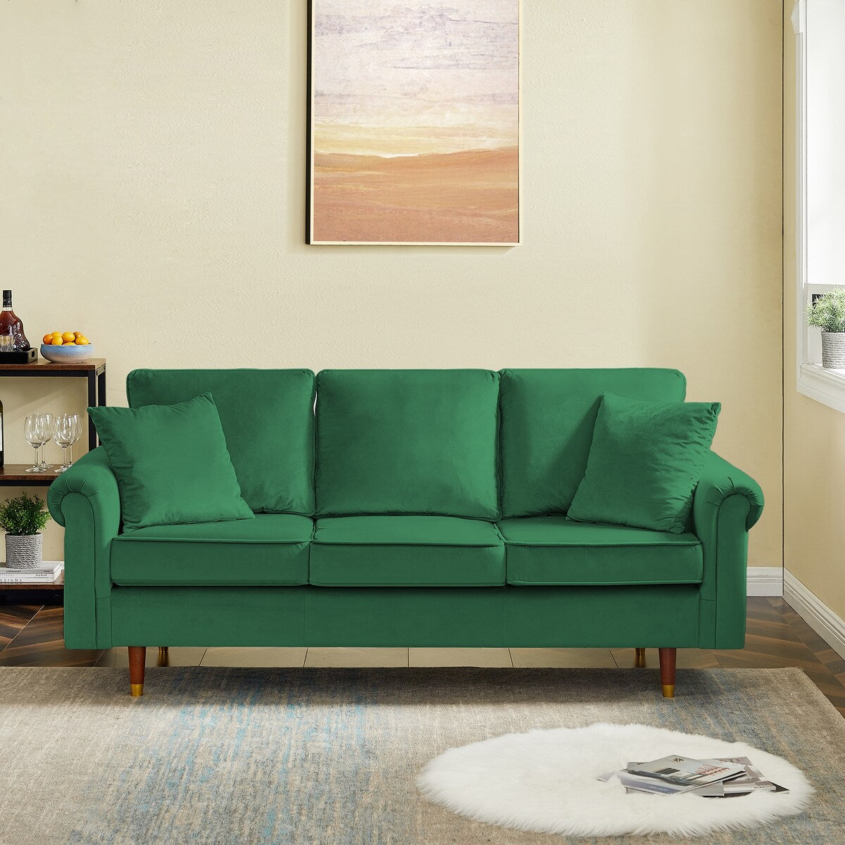 Modern Velvet 3-Seater Sofa Couch with Pillows