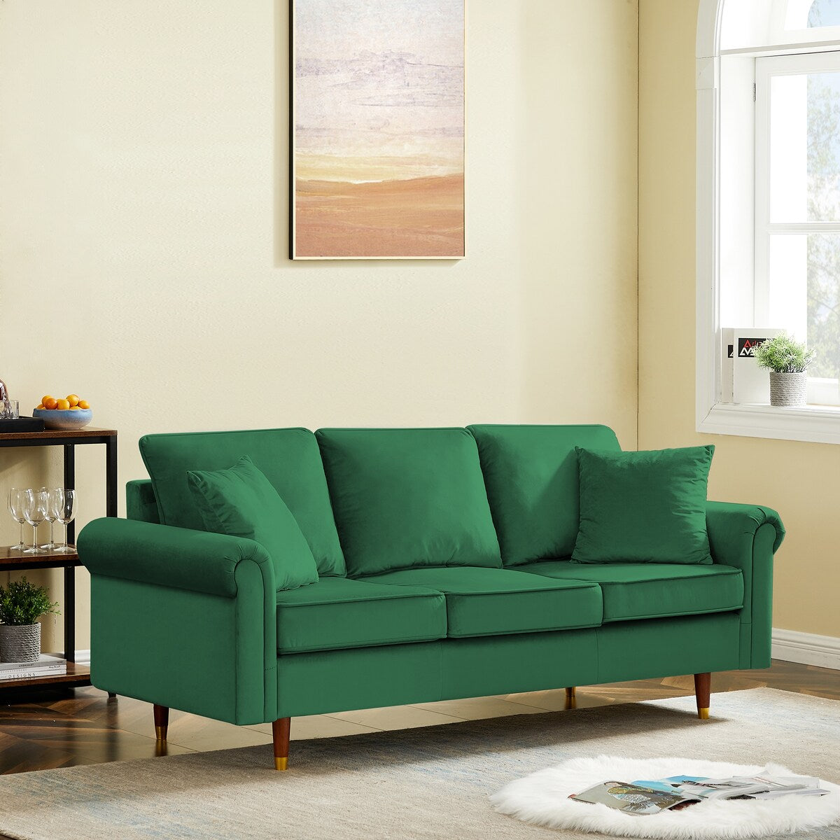 Modern Velvet 3-Seater Sofa Couch with Pillows