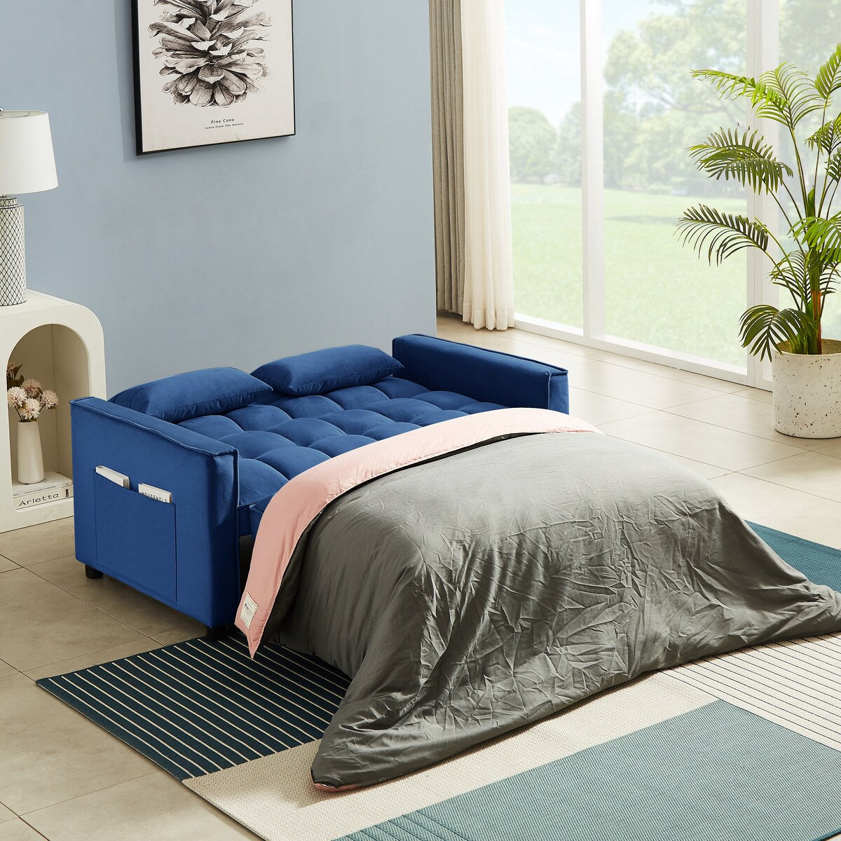 Modern Velvet Convertible Loveseat Sleeper Sofa Couch with Adjustable Backrest,Blue