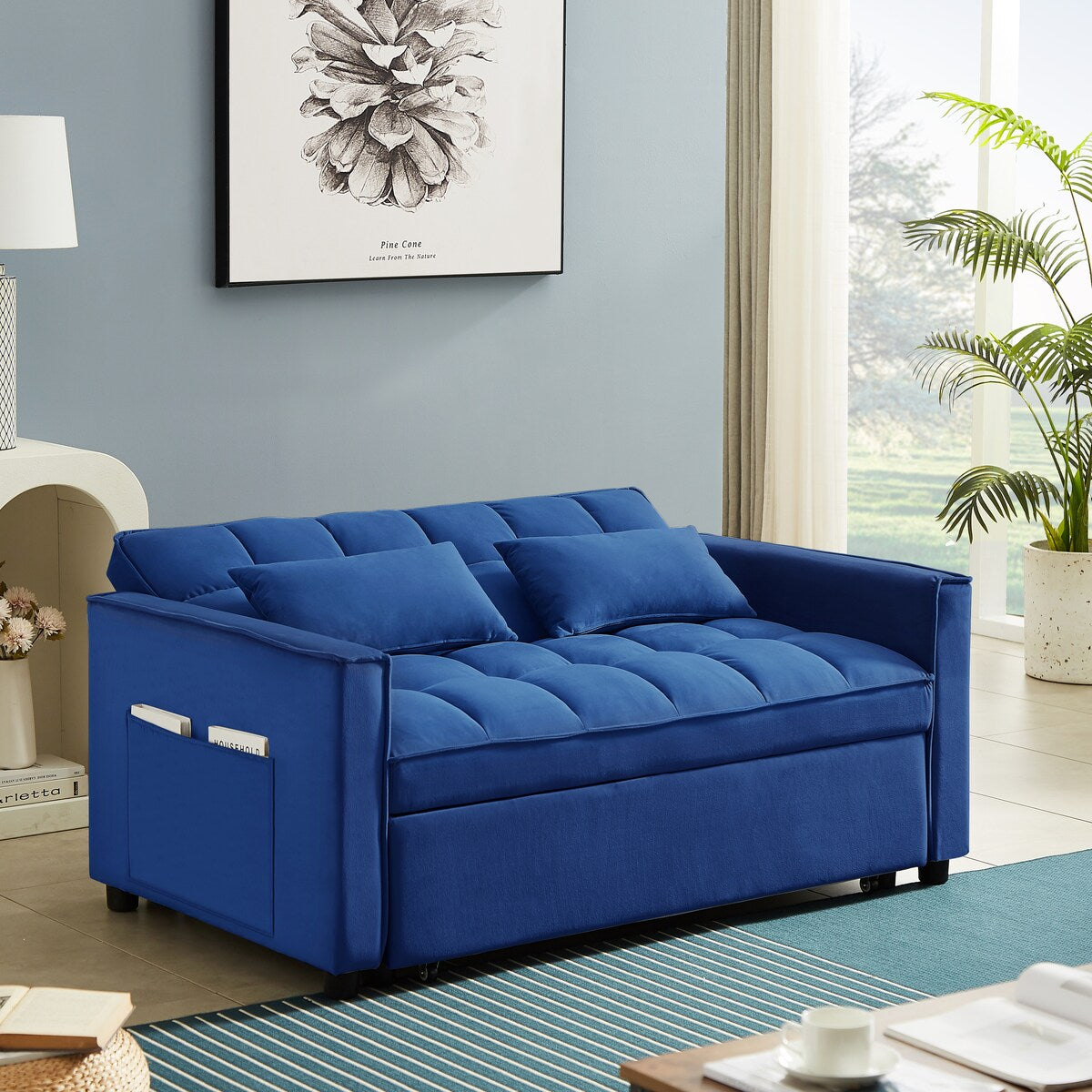 Modern Velvet Convertible Loveseat Sleeper Sofa Couch with Adjustable Backrest,Blue
