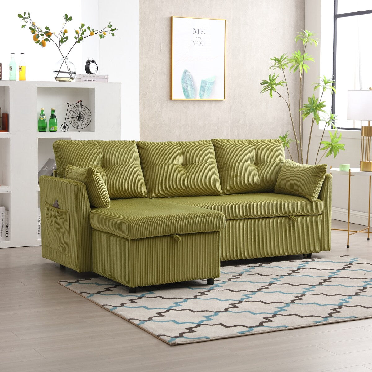 Modern Velvet L-Shaped Modular Reversible Sleeper Sectional Sofa Couch with Reversible Chaise and Storage Seats