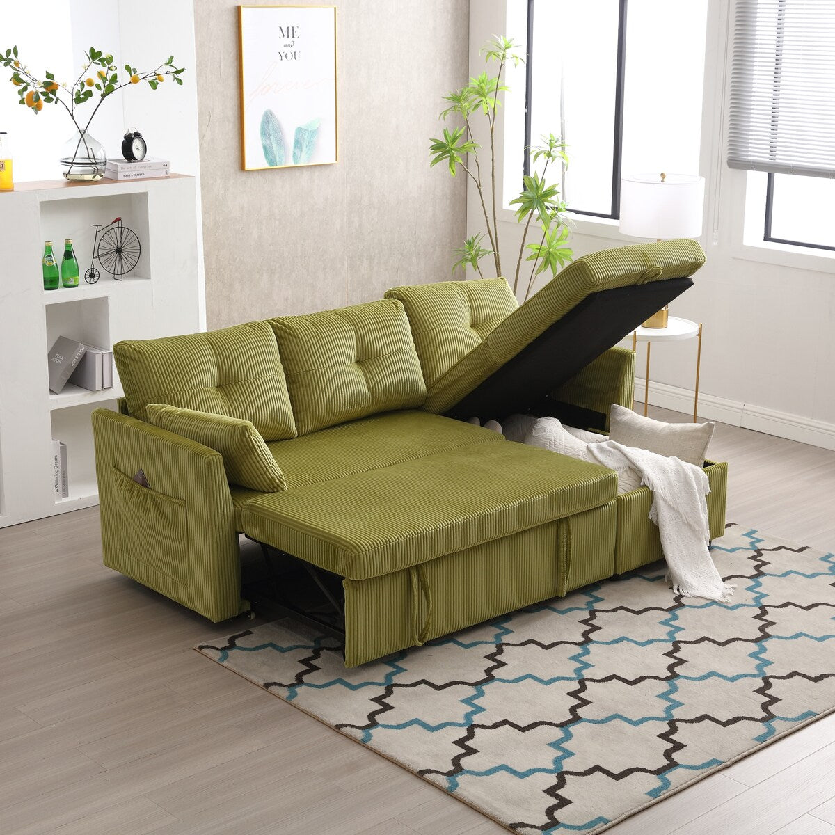 Modern Velvet L-Shaped Modular Reversible Sleeper Sectional Sofa Couch with Reversible Chaise and Storage Seats