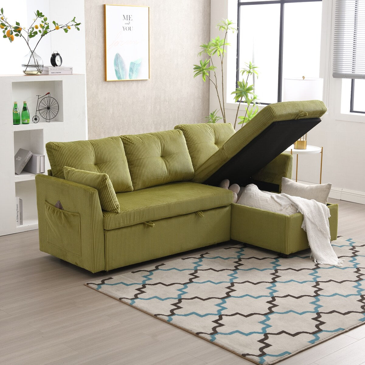 Modern Velvet L-Shaped Modular Reversible Sleeper Sectional Sofa Couch with Reversible Chaise and Storage Seats