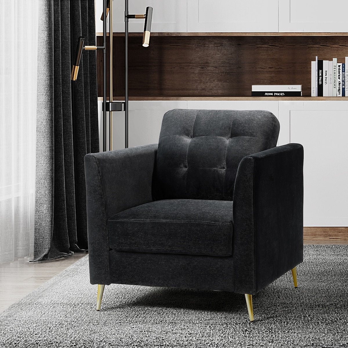Modern Velvet Thicken Padded Seat Club Chair Accent Chair with Four Tapered Golden Metal Legs