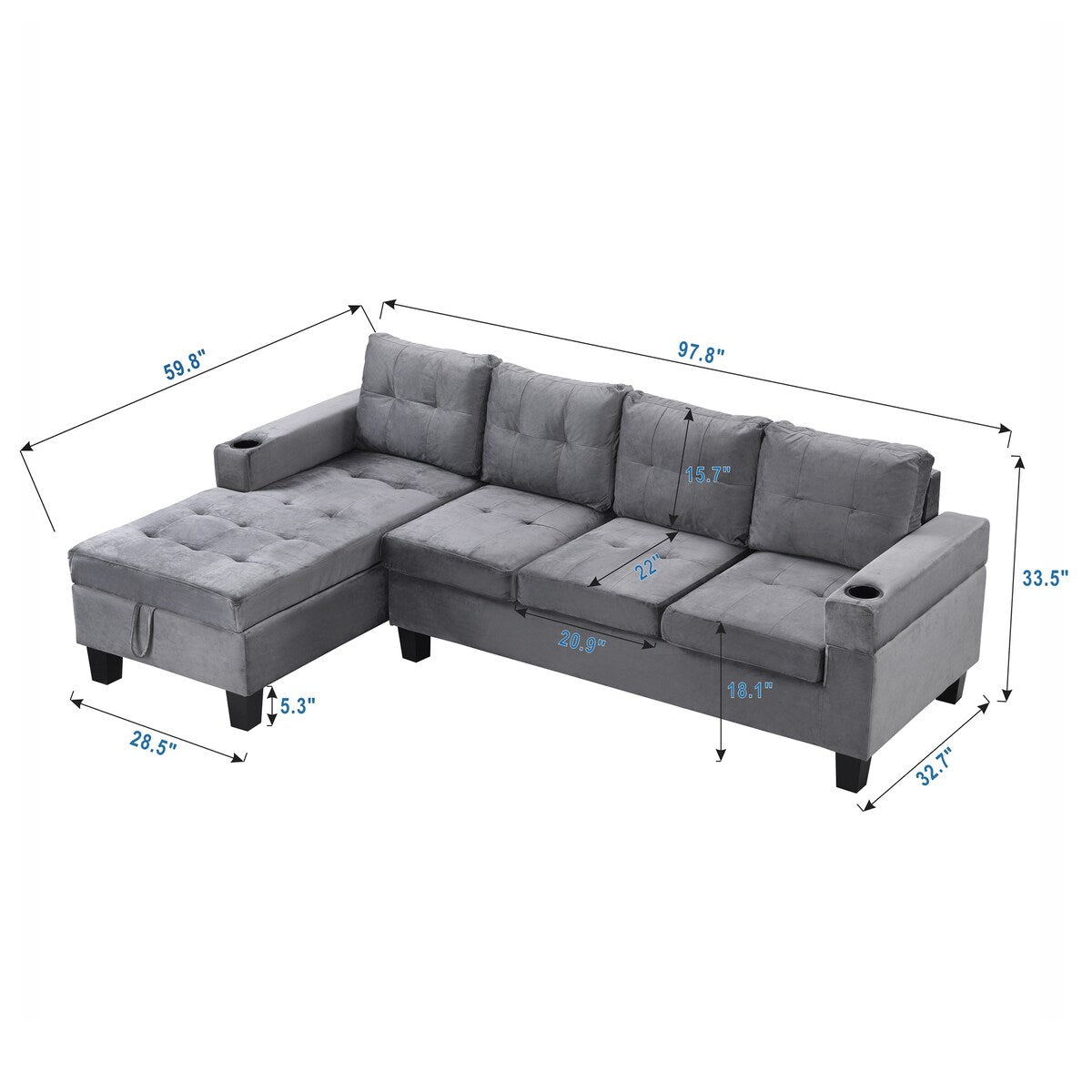 Modern Velvet Tufted L-shape Upholstered Sofa with Chaise Multiple Cushions Sectional Couch
