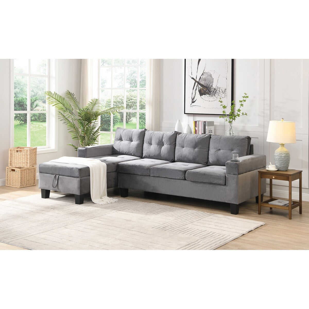 Modern Velvet Tufted L-shape Upholstered Sofa with Chaise Multiple Cushions Sectional Couch