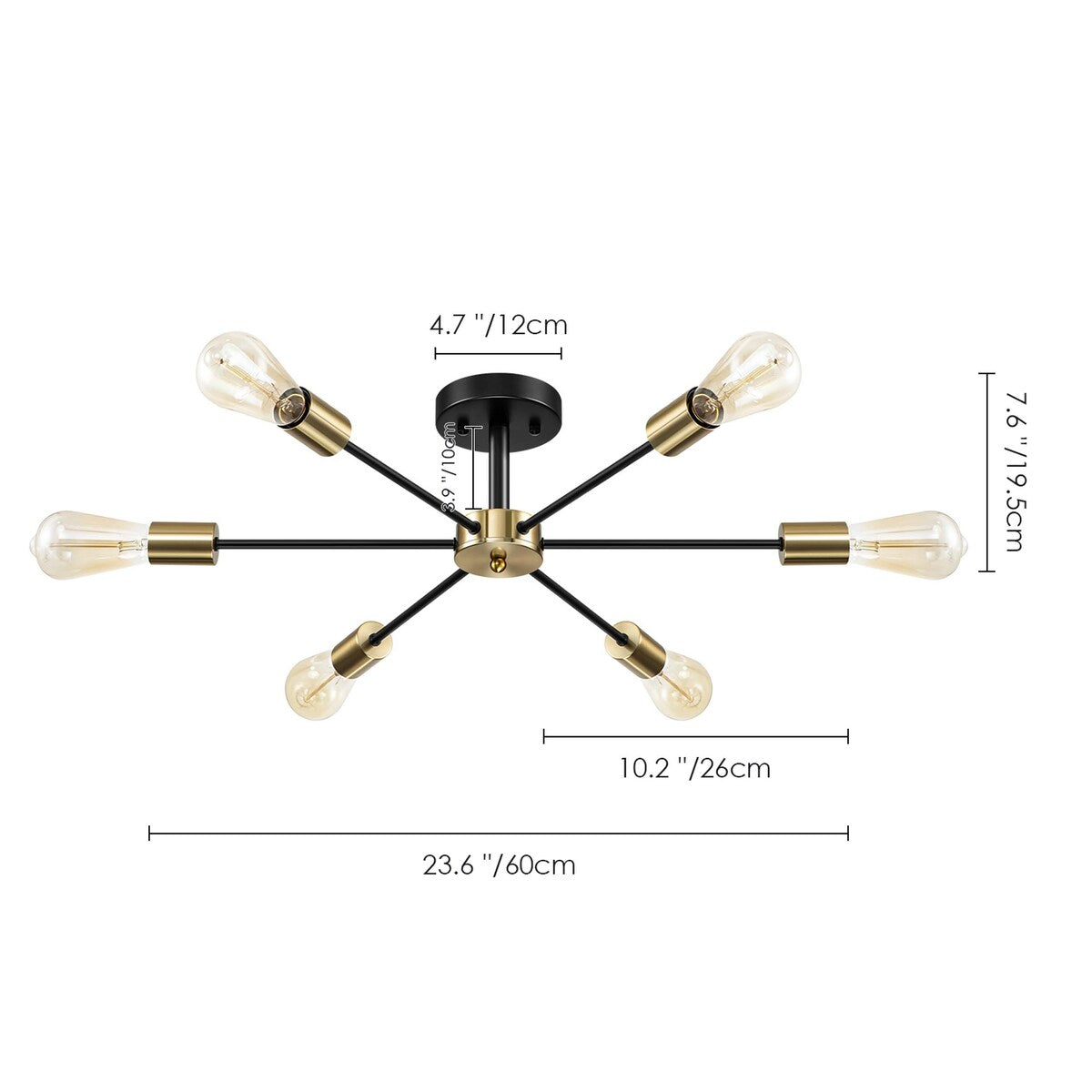 Black/ Gold Sputnik Semi Flush Mount Lamp Close to Ceiling Light Fixture for Living Room/ Kitchen/ Office/ Bedroom/ Foyer