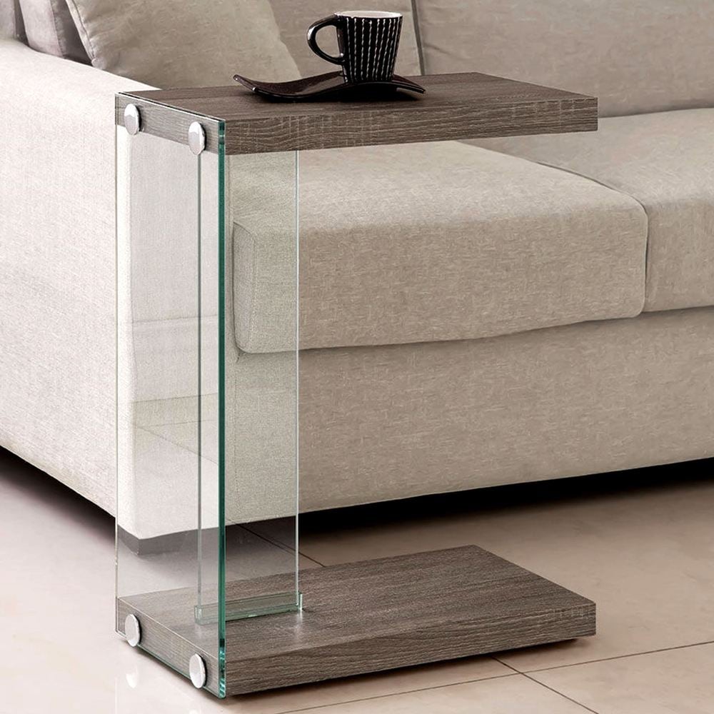 Modern Weathered Grey Sleek Design Snack Accent Table with Tempered Gl