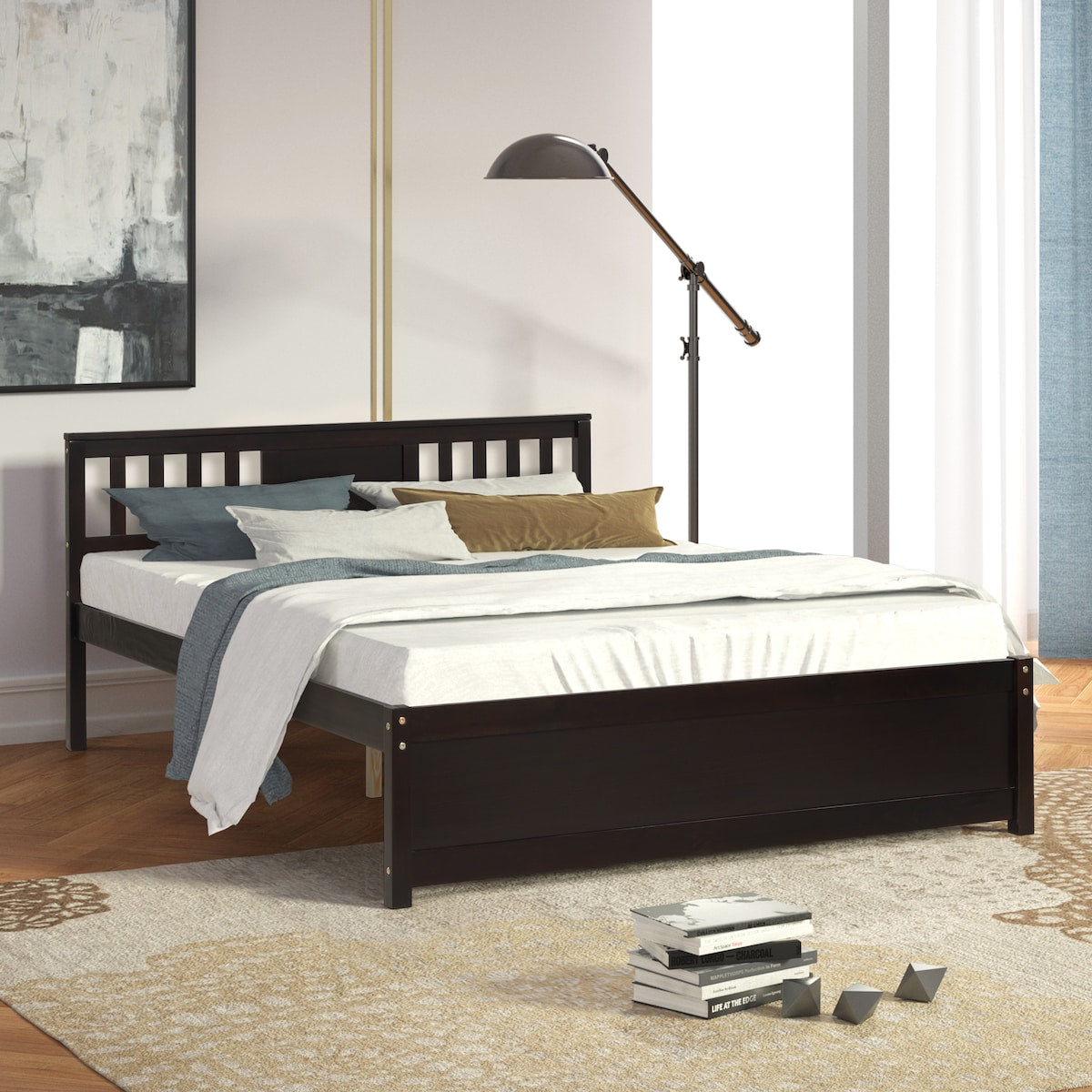 Modern Wood Bed Frame with Headboard, 12" Under-Bed Storage