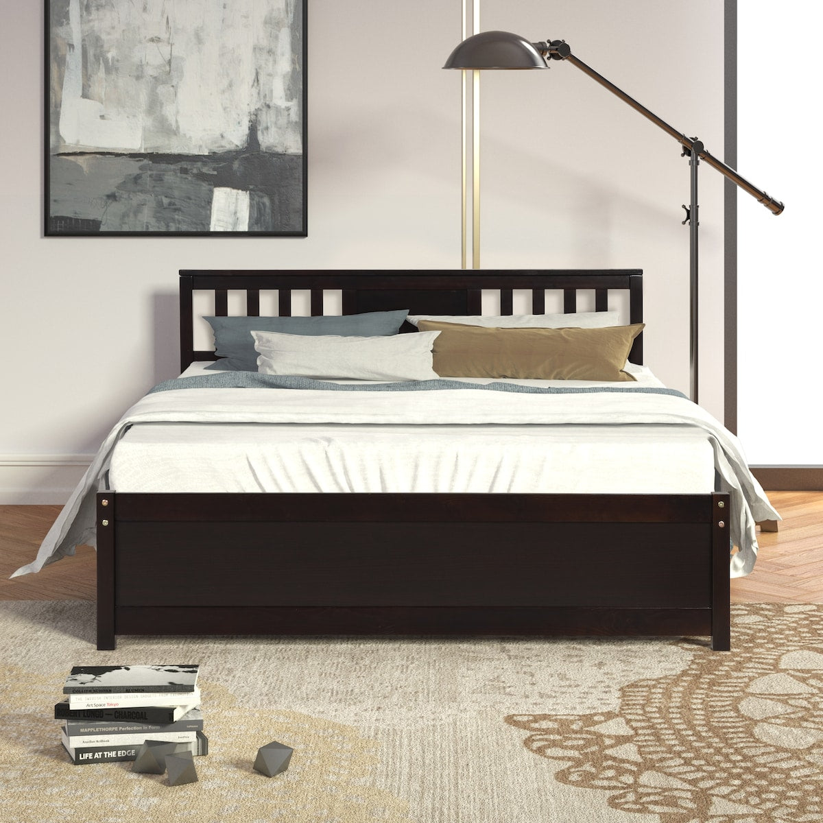Modern Wood Bed Frame with Headboard, 12" Under-Bed Storage