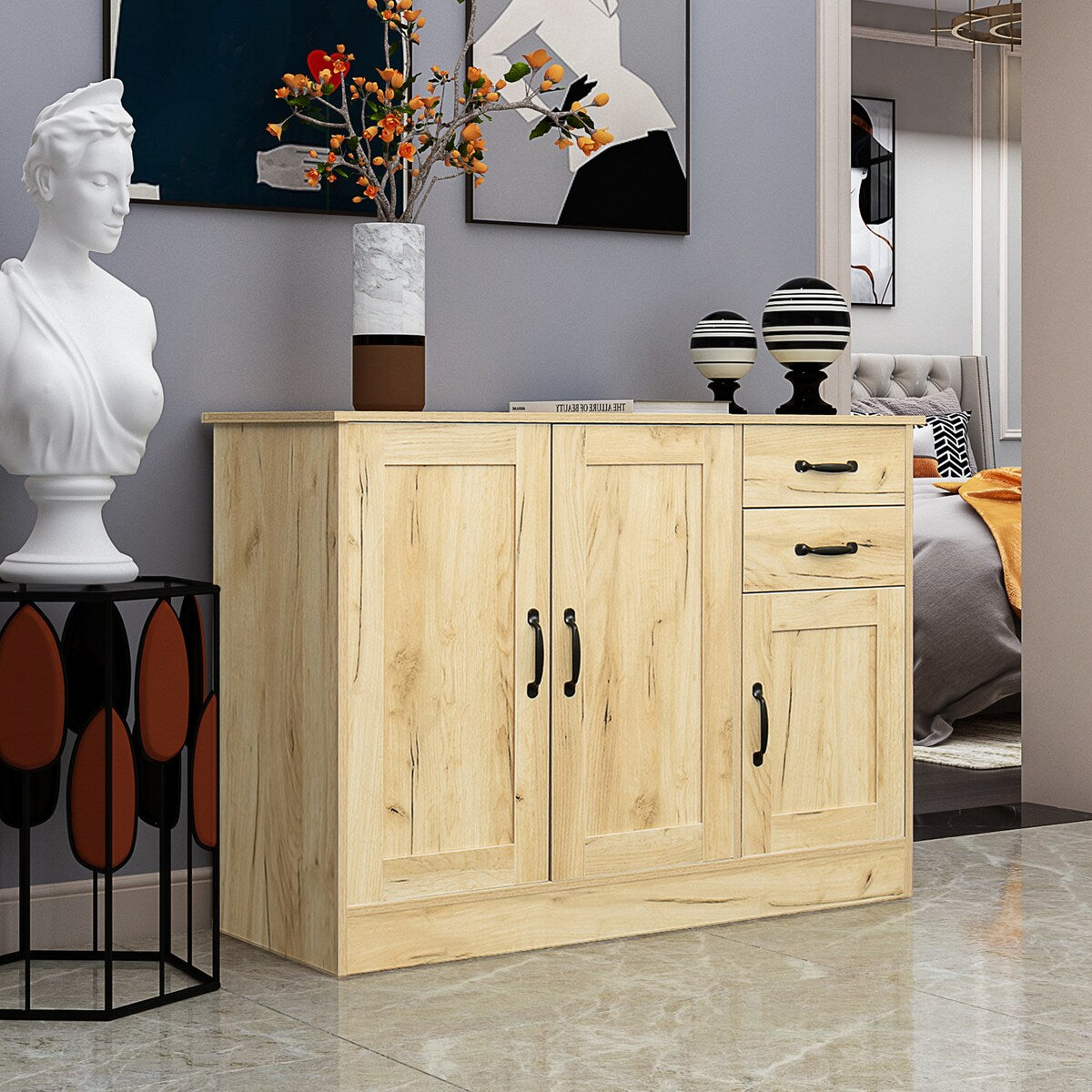 Modern Wood Buffet Sideboard With 2 Doors And 2 Drawers