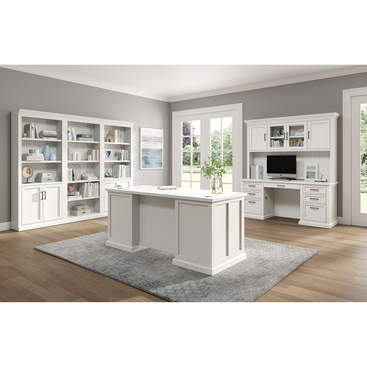 Modern Wood Desk, Office Writing Table, Credenza, Fully Assembled, White Finish