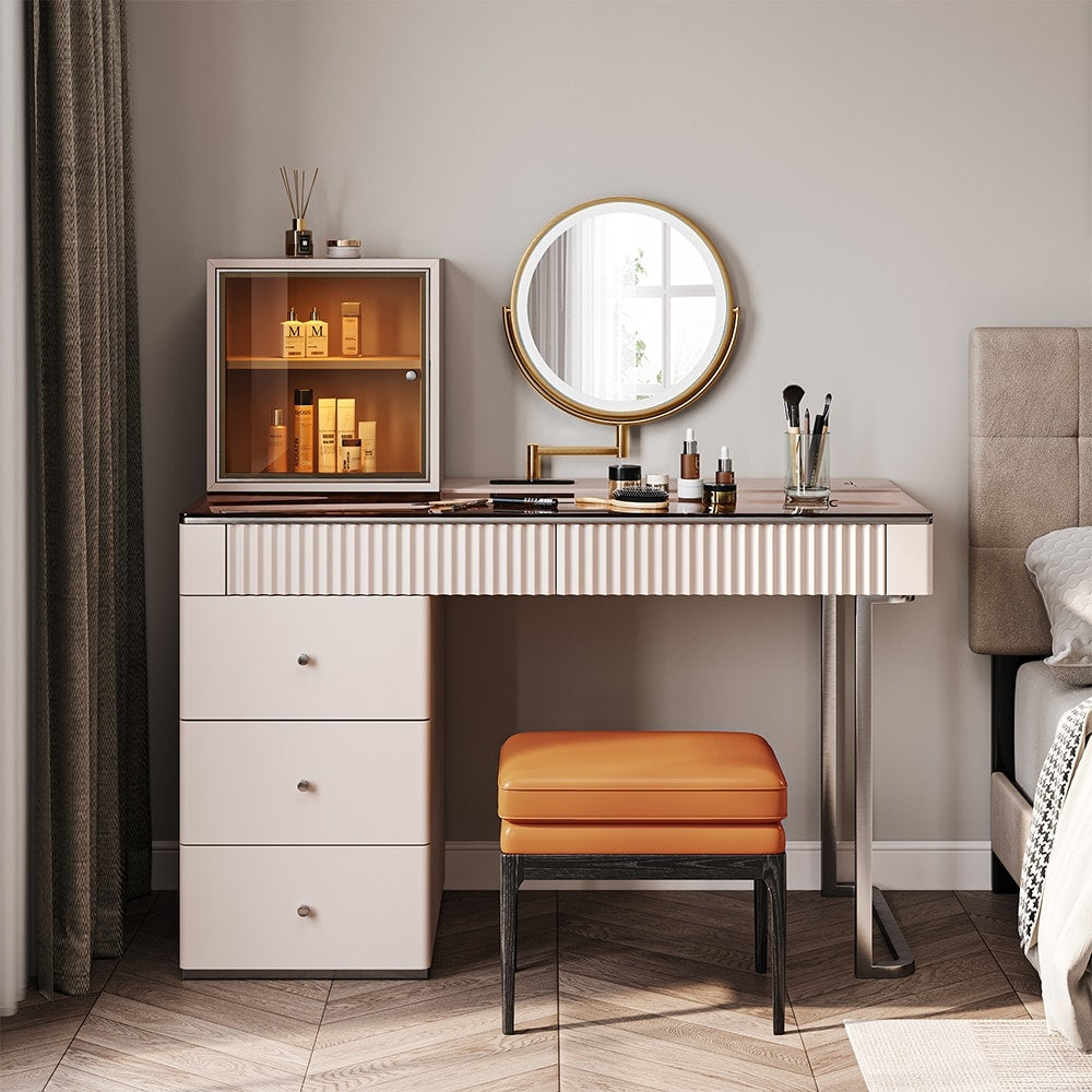 Mid-century Modern Makeup Vanity Table Set, LED Mirror, Tempered Glass Tabletop, 5 Drawers, Stool, Smoked Wood Veneer