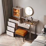 Mid-century Modern Makeup Vanity Table Set, LED Mirror, Tempered Glass Tabletop, 5 Drawers, Stool, Smoked Wood Veneer