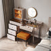 Mid-century Modern Makeup Vanity Table Set, LED Mirror, Tempered Glass Tabletop, 5 Drawers, Stool, Smoked Wood Veneer