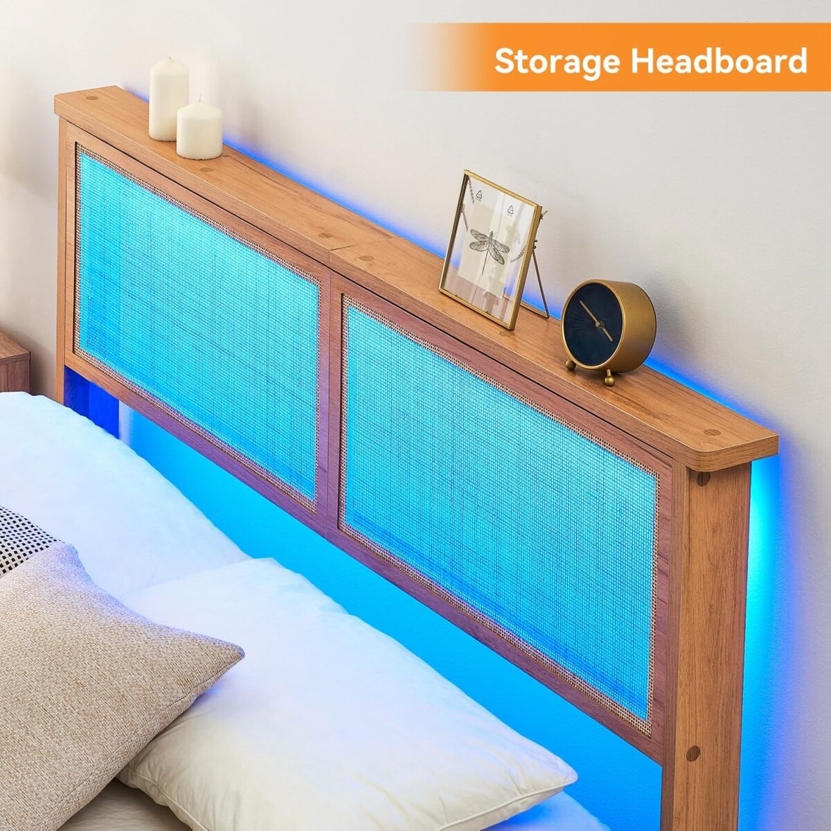 Modern Wooden Platform Bed Frame With Square Natural Rattan Headboard And LED Lights
