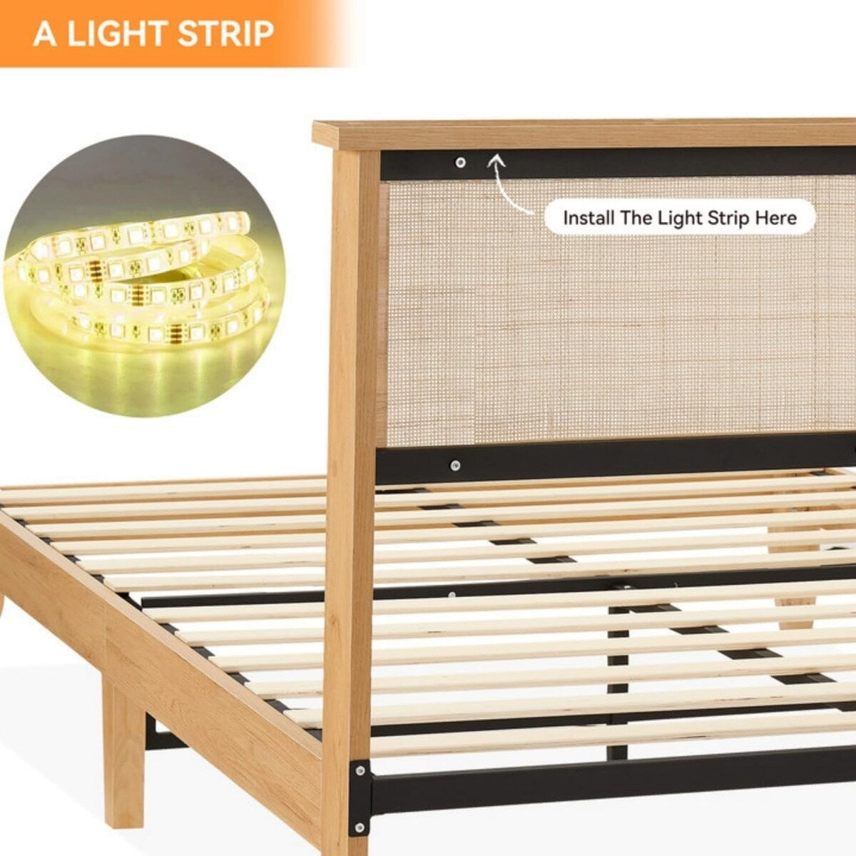 Modern Wooden Platform Bed Frame With Square Natural Rattan Headboard And LED Lights