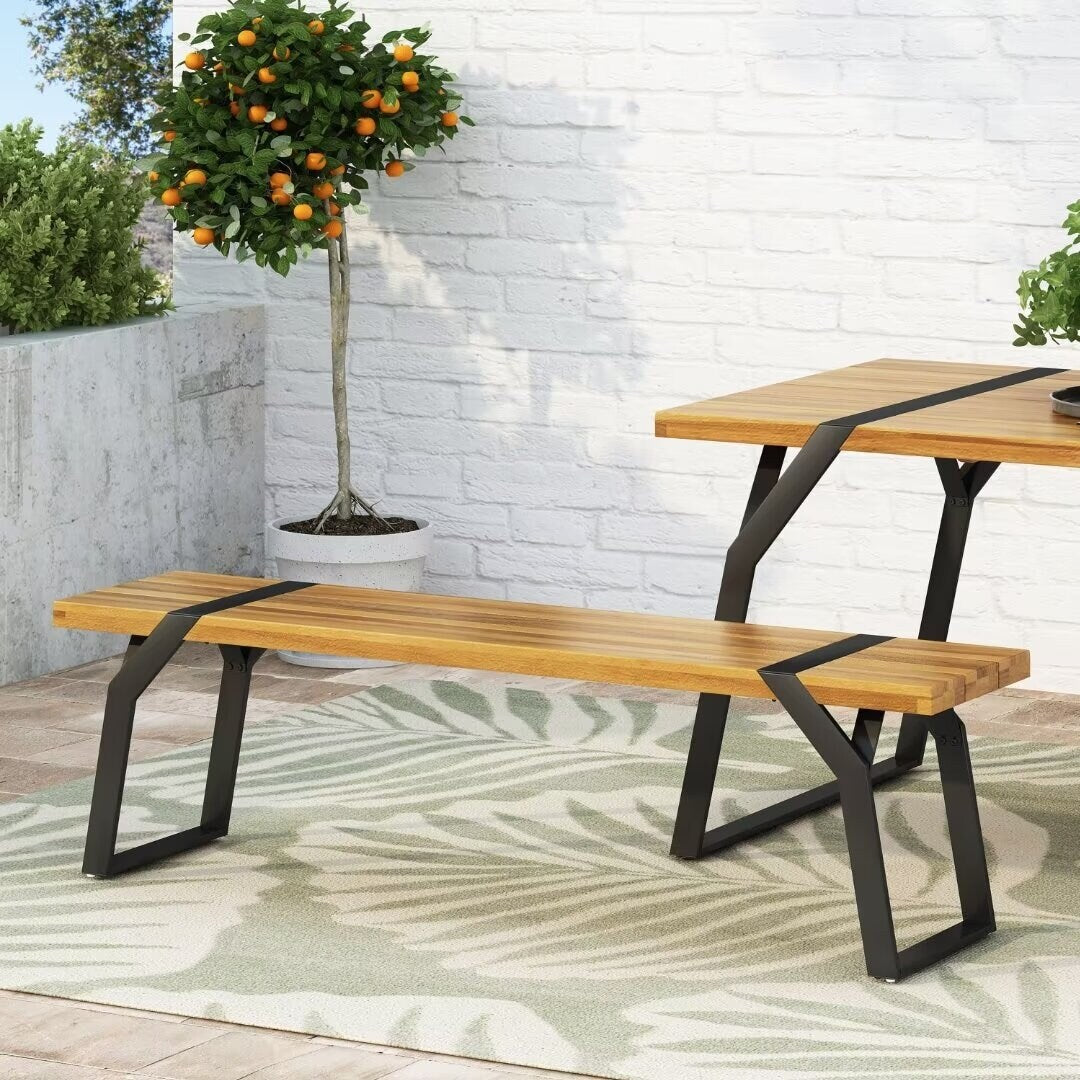 Modern industrial style bench,with acacia wood,for patio,garden - 63.00"Wx14.50"Dx17.75"H
