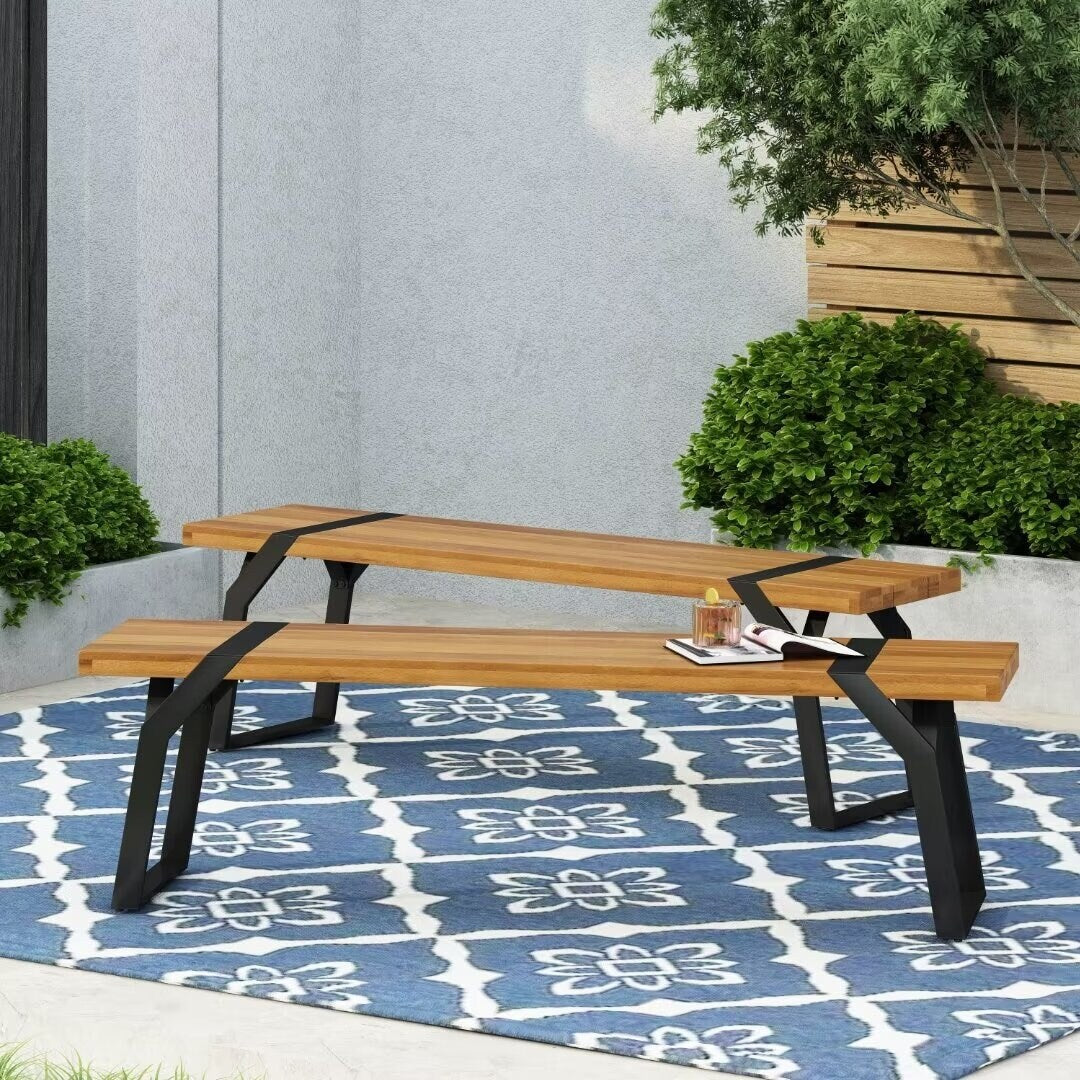 Modern industrial style bench,with acacia wood,for patio,garden - 63.00"Wx14.50"Dx17.75"H