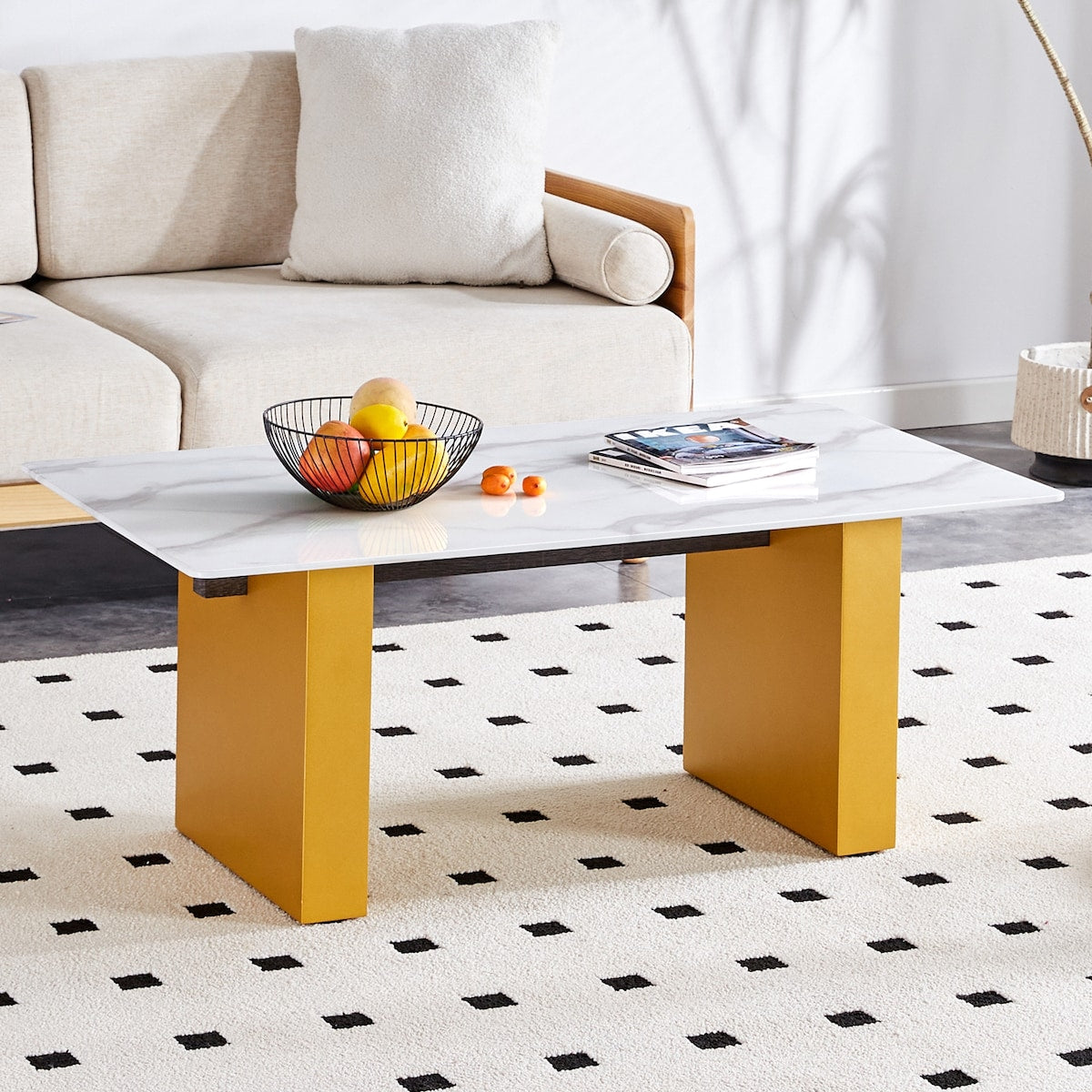 Modern minimalist Tempered glass with sticker desktop coffee table and dining table, paired with golden MDF decorative columns