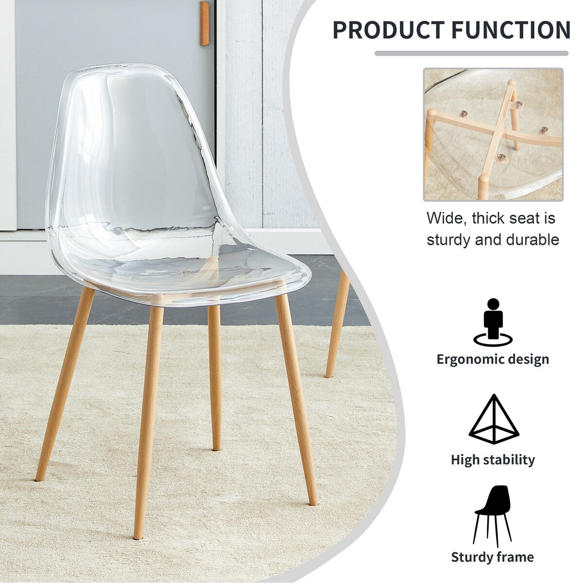 Modern minimalist armless crystal dining chair, plastic chair set of 6 with metal legs