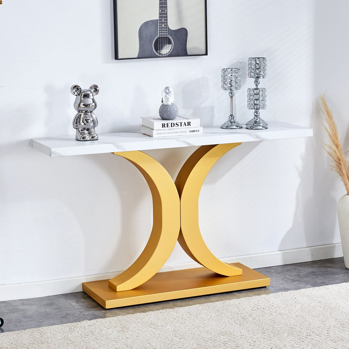Modern minimalist-style hallway table with stainless steel legs