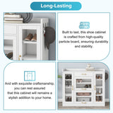 Modernist Side Cabinet with 4 Glass Doors & 3 Hooks, Freestanding Shoe Rack with Multiple Adjustable Shelves