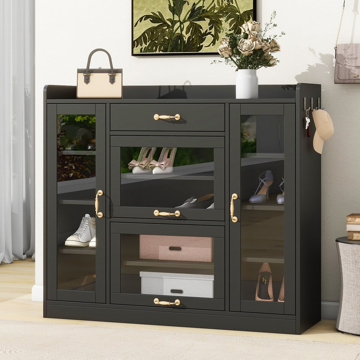 Modernist Side Cabinet with 4 Glass Doors & 3 Hooks, Freestanding Shoe Rack with Multiple Adjustable Shelves
