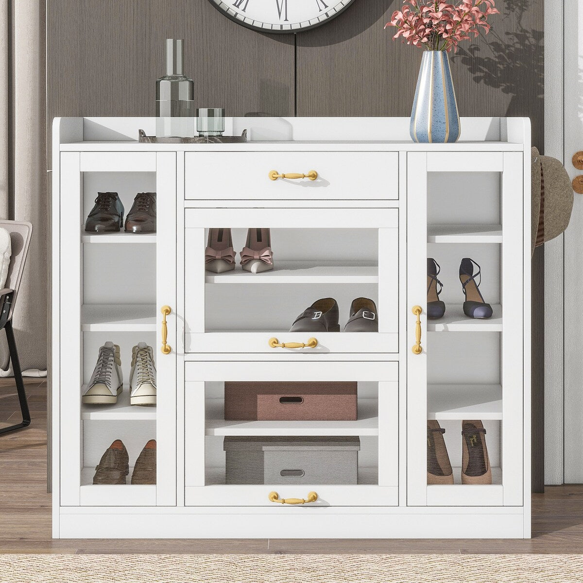 Modernist Side Cabinet with 4 Glass Doors & 3 Hooks, Freestanding Shoe Rack with Multiple Adjustable Shelves