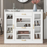 Modernist Side Cabinet with 4 Glass Doors & 3 Hooks, Freestanding Shoe Rack with Multiple Adjustable Shelves