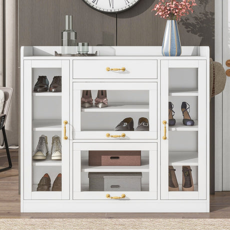 Modernist Side Cabinet with 4 Glass Doors & 3 Hooks, Freestanding Shoe Rack with Multiple Adjustable Shelves
