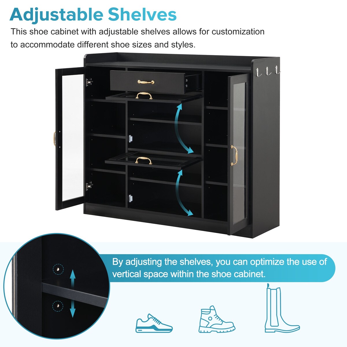 Modernist Side Cabinet with 4 Glass Doors & 3 Hooks, Freestanding Shoe Rack with Multiple Adjustable Shelves