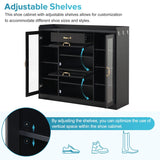 Modernist Side Cabinet with 4 Glass Doors & 3 Hooks, Freestanding Shoe Rack with Multiple Adjustable Shelves