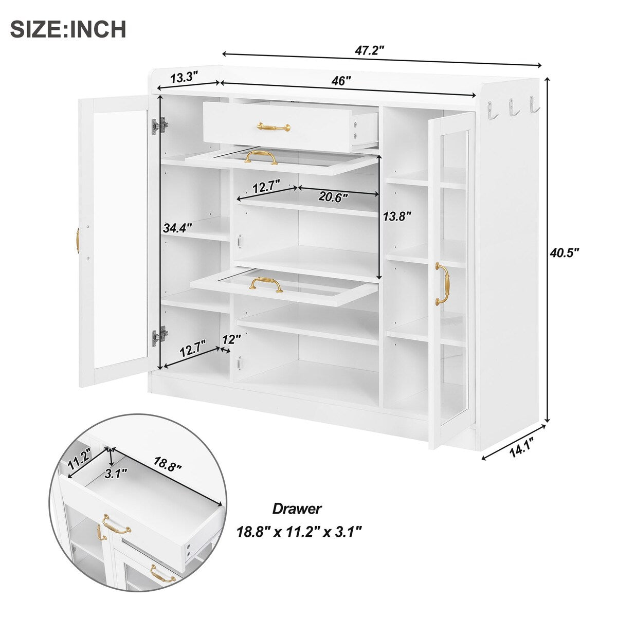 Modernist Side Cabinet with 4 Glass Doors & 3 Hooks, Freestanding Shoe Rack with Multiple Adjustable Shelves