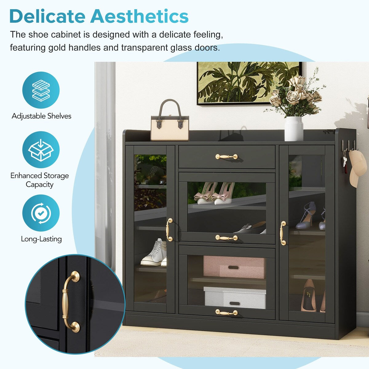 Modernist Side Cabinet with 4 Glass Doors & 3 Hooks, Freestanding Shoe Rack with Multiple Adjustable Shelves