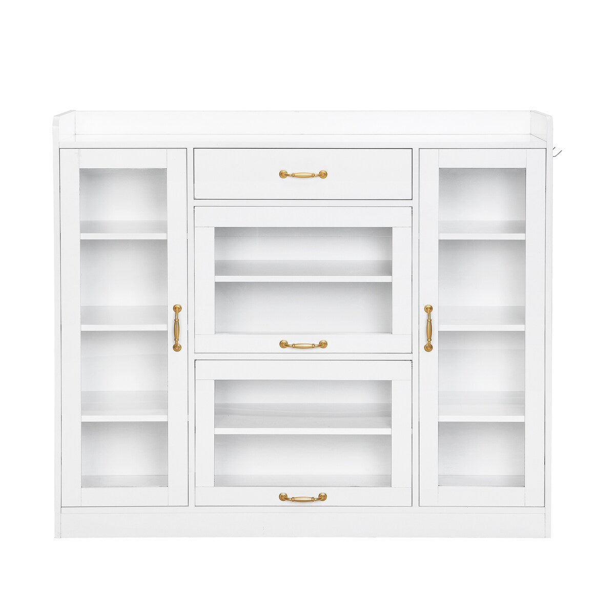 Modernist Side Cabinet with 4 Glass Doors & 3 Hooks, Freestanding Shoe Rack with Multiple Adjustable Shelves