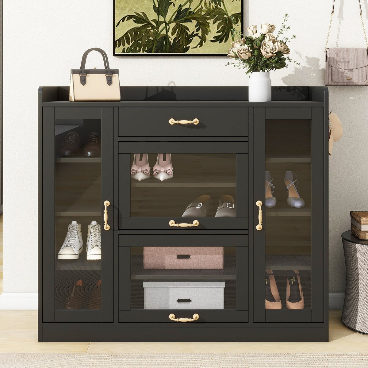 Modernist Side Cabinet with 4 Glass Doors & 3 Hooks, Freestanding Shoe Rack with Multiple Adjustable Shelves