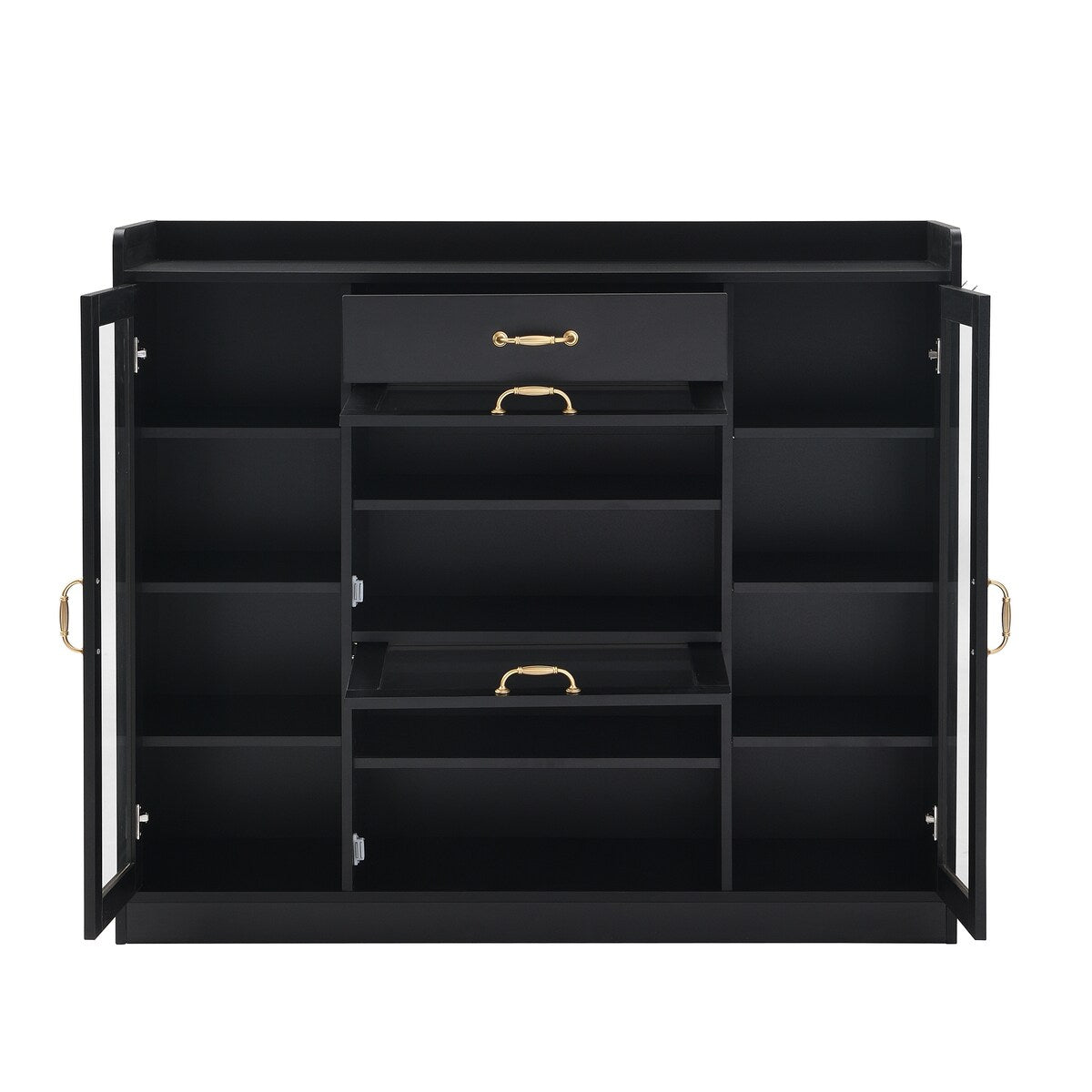 Modernist Side Cabinet with 4 Glass Doors & 3 Hooks, Freestanding Shoe Rack with Multiple Adjustable Shelves