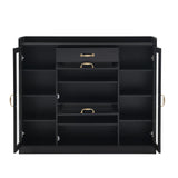 Modernist Side Cabinet with 4 Glass Doors & 3 Hooks, Freestanding Shoe Rack with Multiple Adjustable Shelves