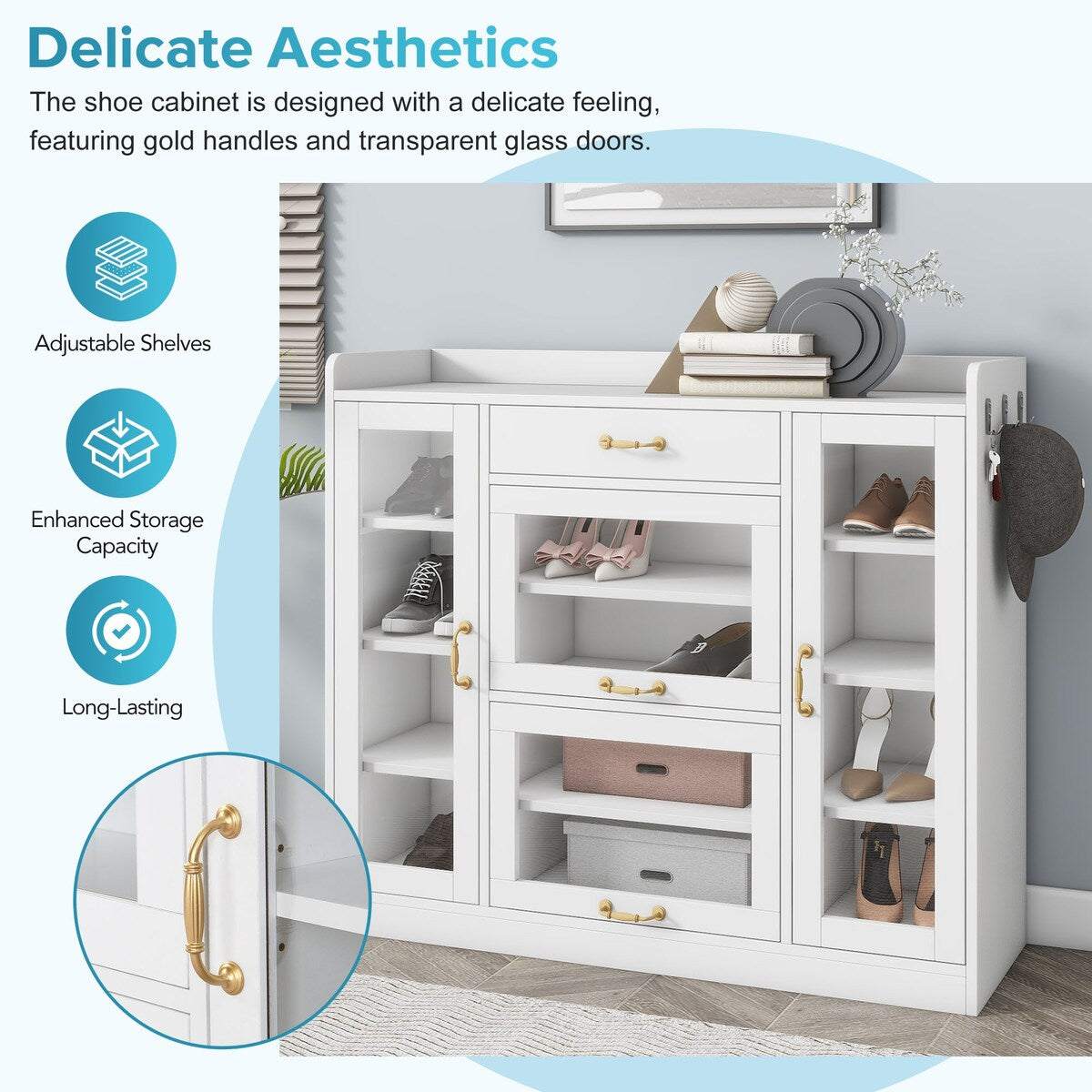Modernist Side Cabinet with 4 Glass Doors & 3 Hooks, Freestanding Shoe Rack with Multiple Adjustable Shelves