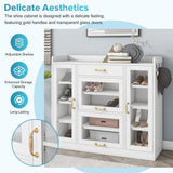 Modernist Side Cabinet with 4 Glass Doors & 3 Hooks, Freestanding Shoe Rack with Multiple Adjustable Shelves